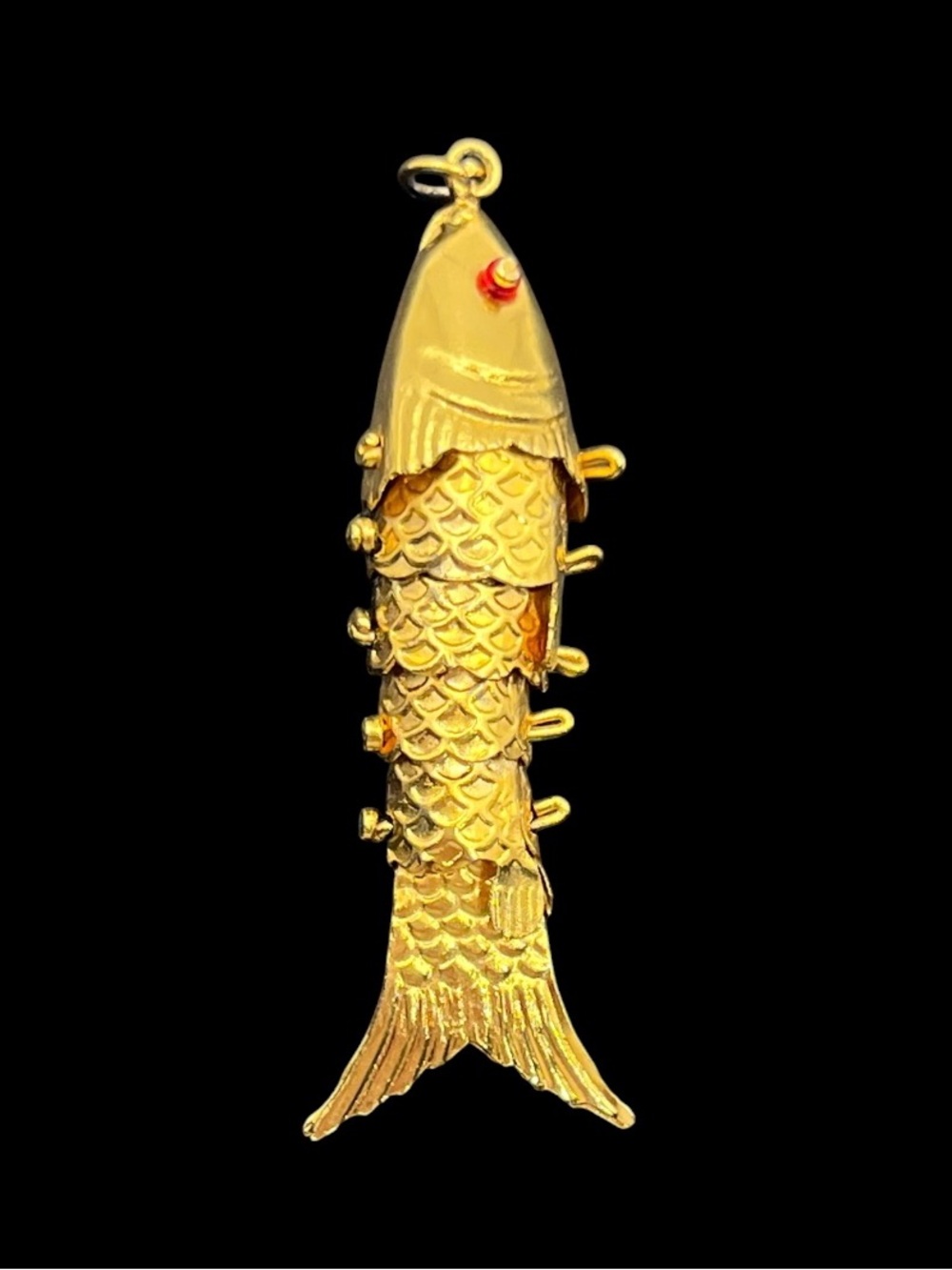 Articulated movable fish gold tone red eyes pendant for necklace vintage